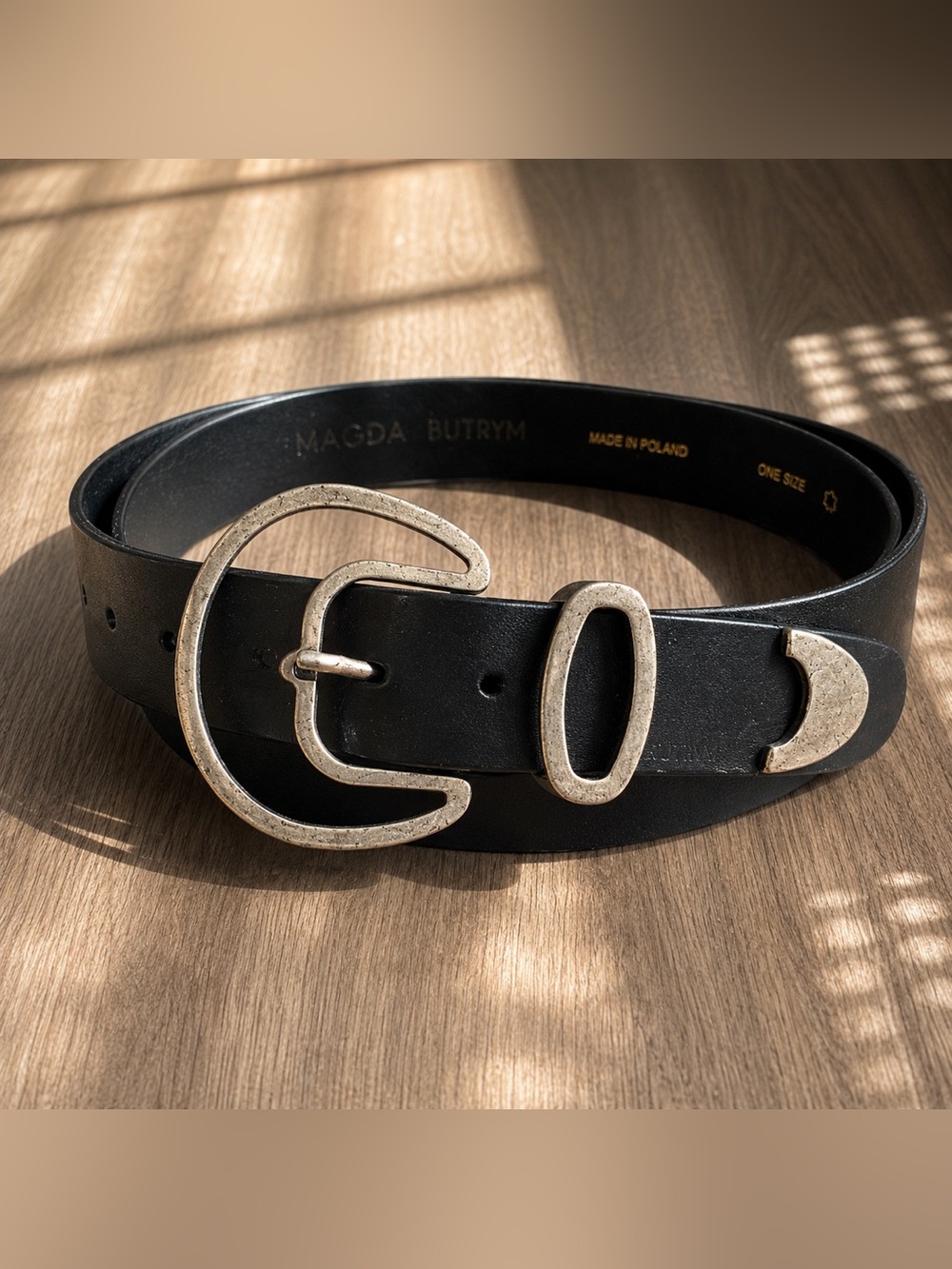 Magda Butrym Black Leather Western Belt Gold Sculptural Buckle One Size